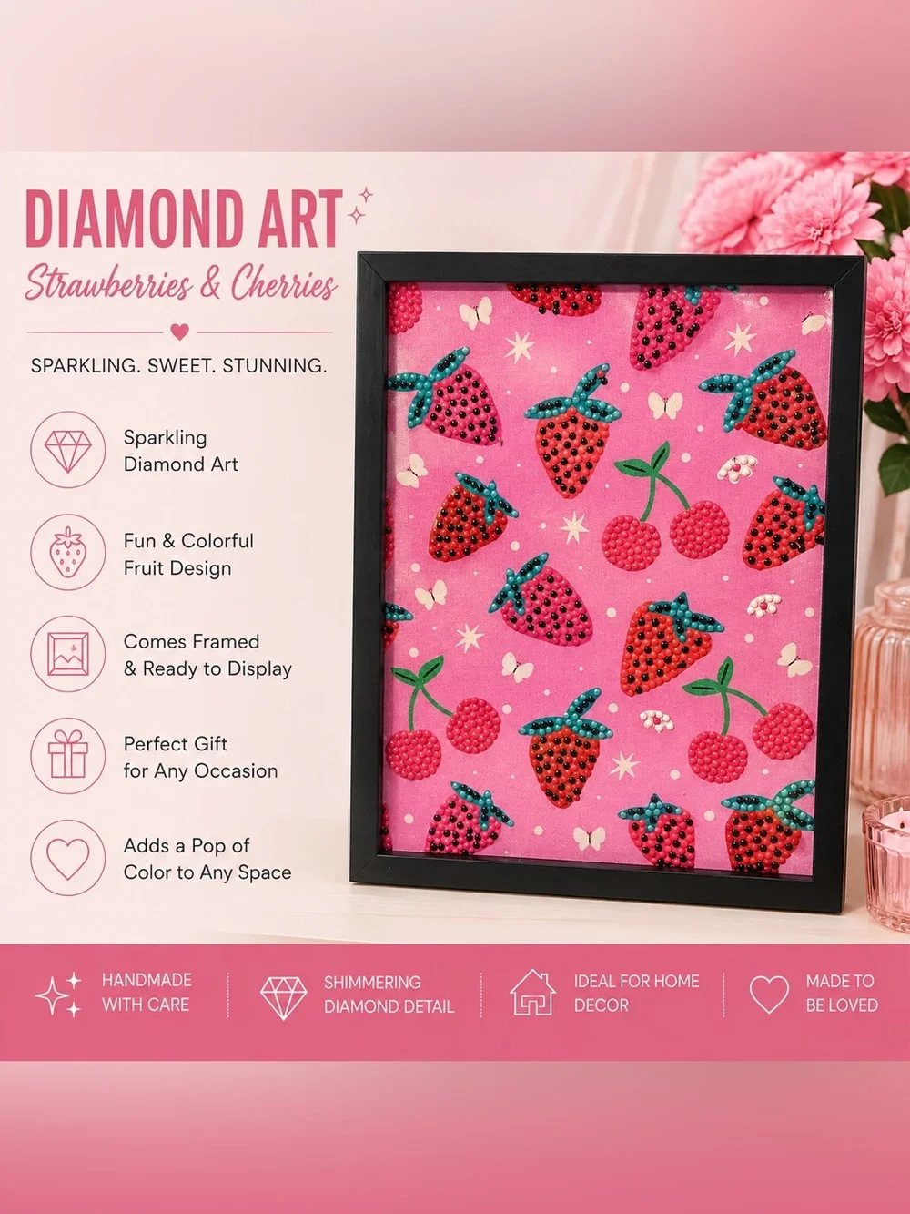 Pink Strawberry & Cherry Diamond Art Framed Wall Accent